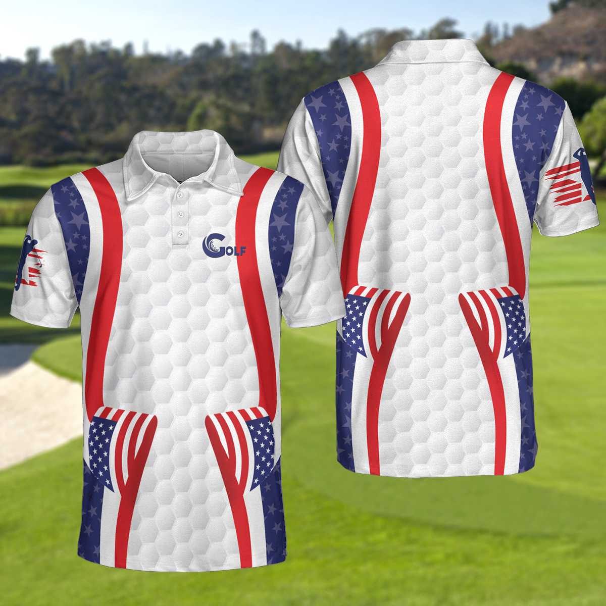 Symmetric Curve American Flag Golf Pattern Polo Shirt, USA Golf Polo Shirt, Patriotic Golf Shirt For Men - Best Gift For Golf Lovers