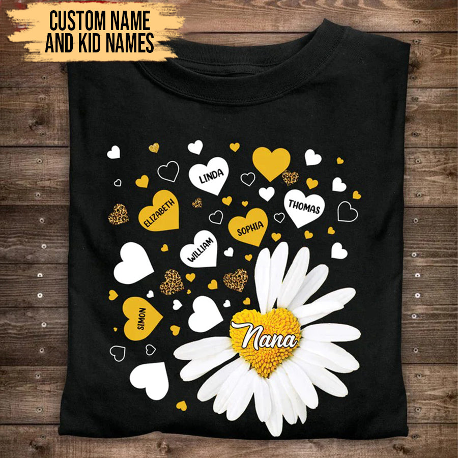 Nana And Kids Name T-shirt, Grandma Grandkids Daisy Flower Heart Personalized Shirt - Custom Name Gift For Gigi, Nana, Mimi, Grandma