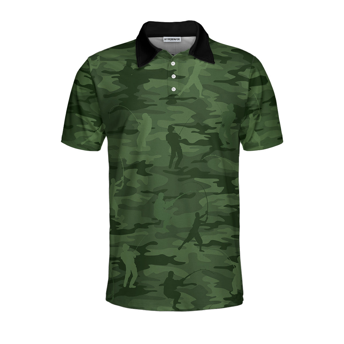 Green Camouflage Fisherman Silhouette All Over Print Men Polo Shirt, Unique Golf Shirt For Men, Cool Gift For Golfers