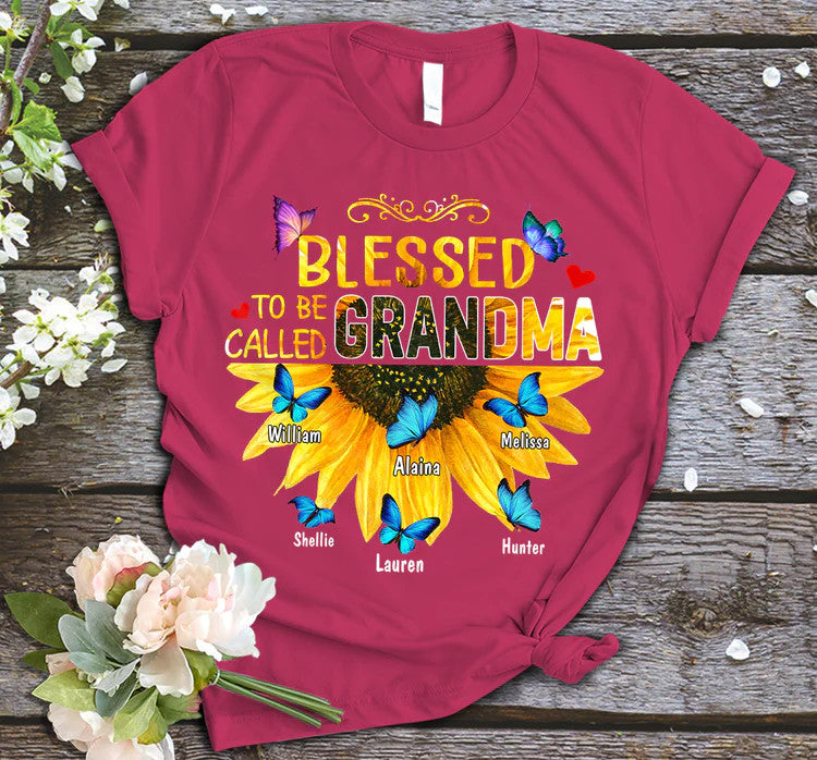 Personalized T-Shirt, Mother's Day Gift T-Shirt, Blessed To Be Called Grandma Sunflower Gift Custom T-Shirt, Custom Name And Kid Names On T-Shirt