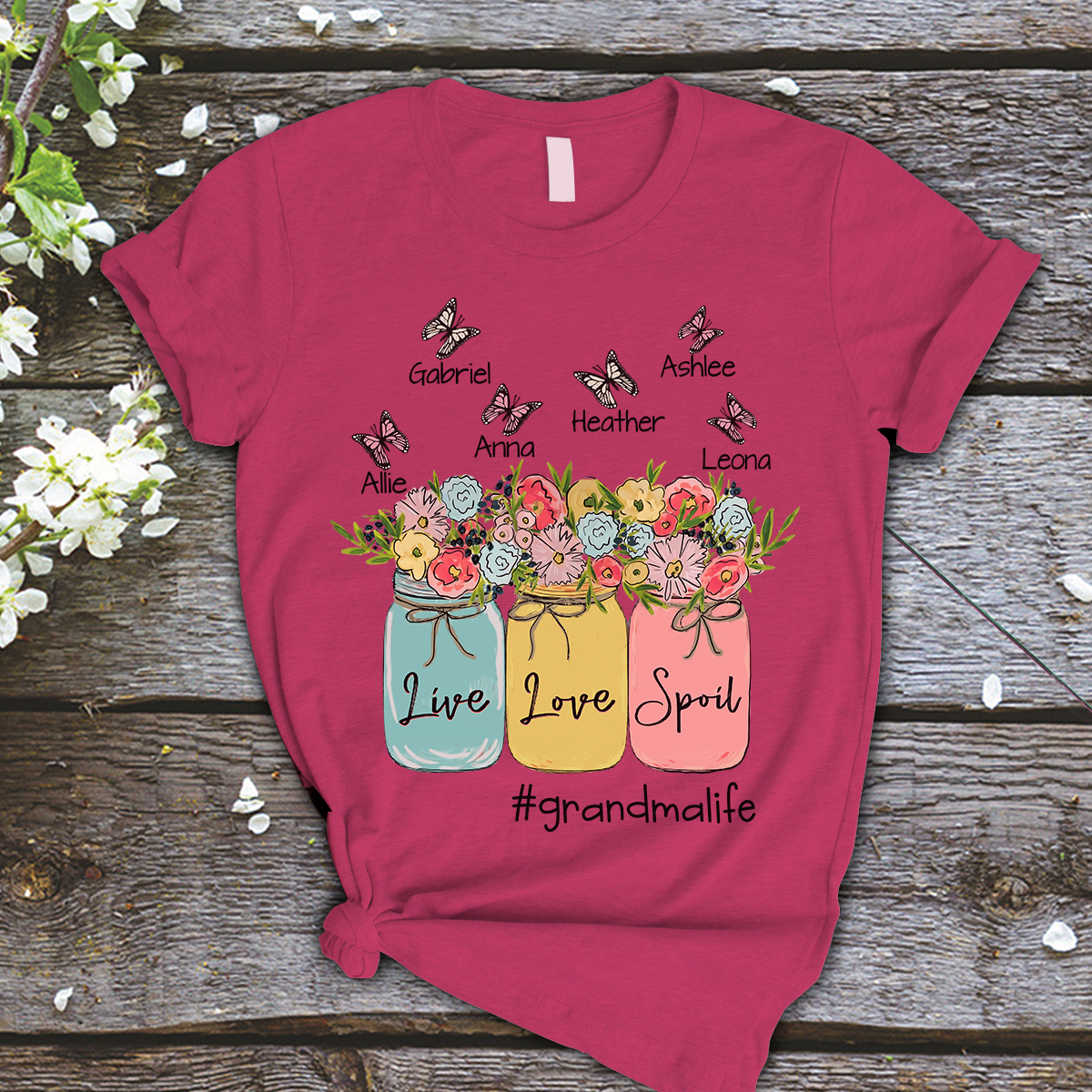 Grandma and Kids Custom Name T-shirt, Live Love Spoil Grandmalife Personalized Shirt, Flower Vase Shirt - Perfect Gift For Gigi, Nana, Mimi, Grandma
