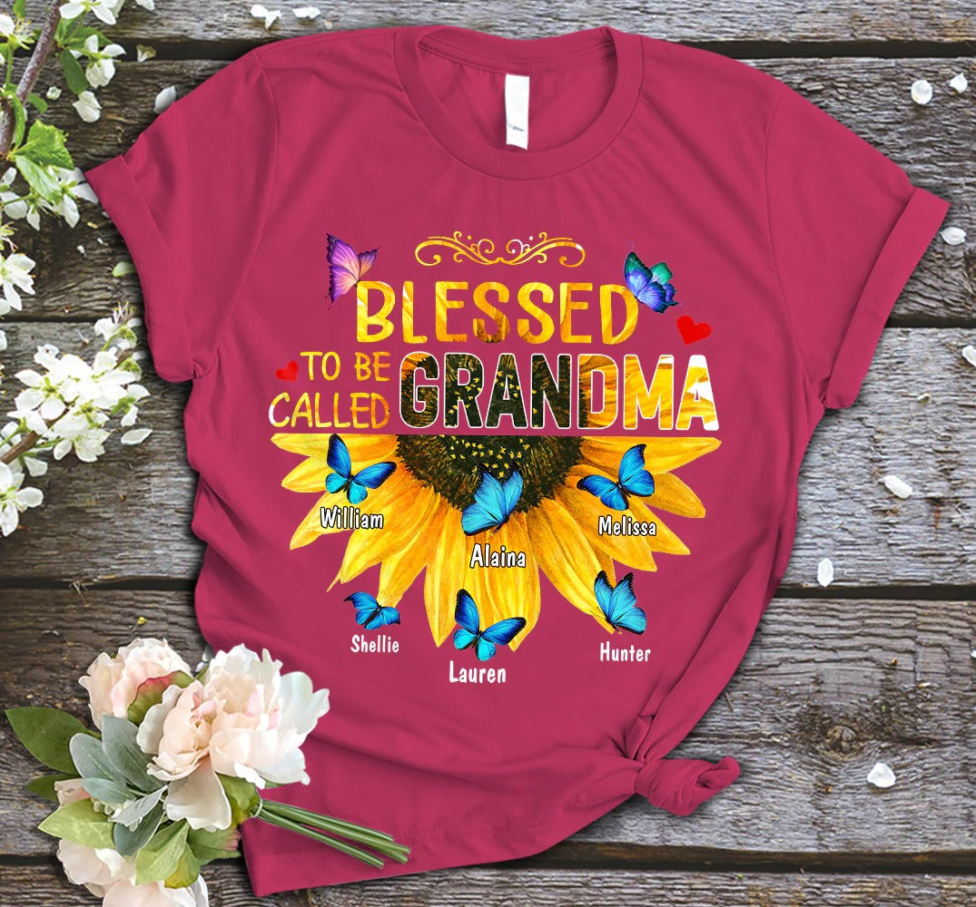 Grandma and Kids Custom Name T-shirt, Blessed To Be Called Grandma Sunflower Gift Personalized Shirt - Perfect Gift For Gigi, Nana, Mimi, Grandma