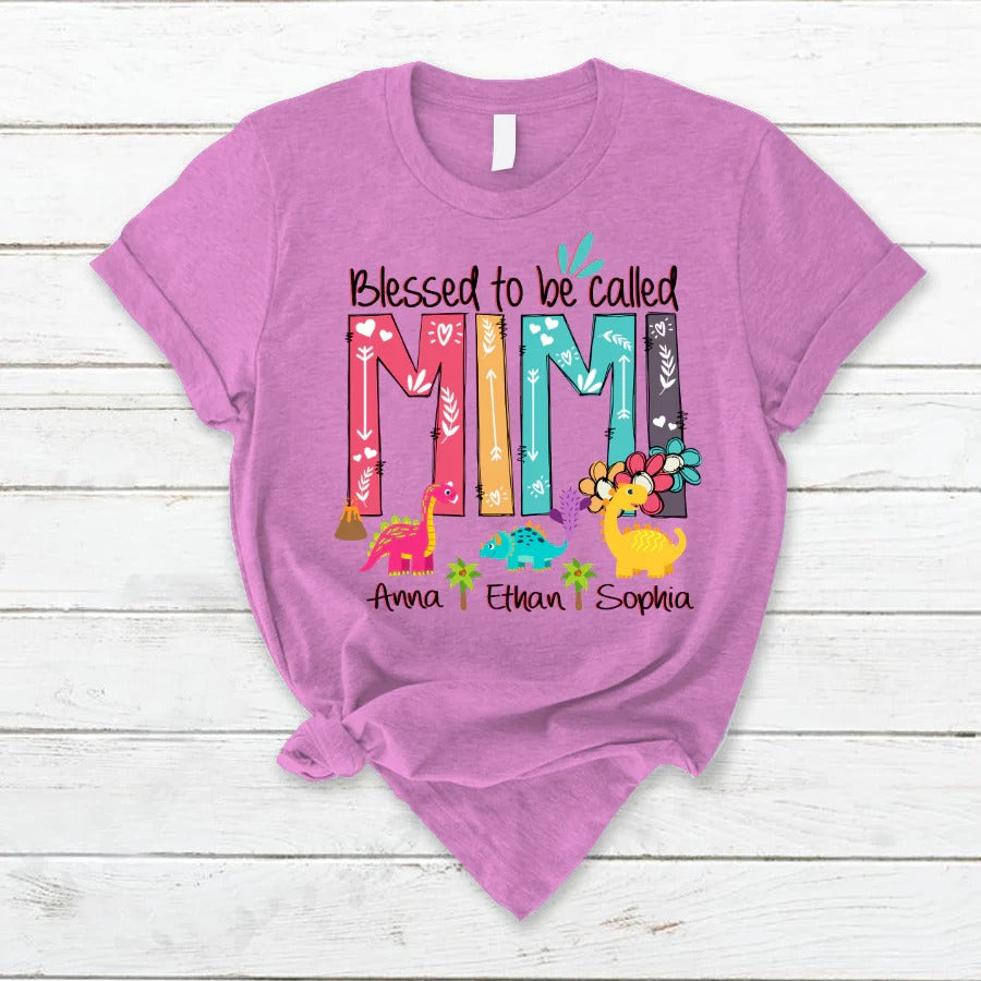 Mimi and Kids Custom Name T-shirt, Blessed To Be Called Mimi Dinosaur Personalized Shirt - Perfect Gift For Gigi, Nana, Mimi, Grandma