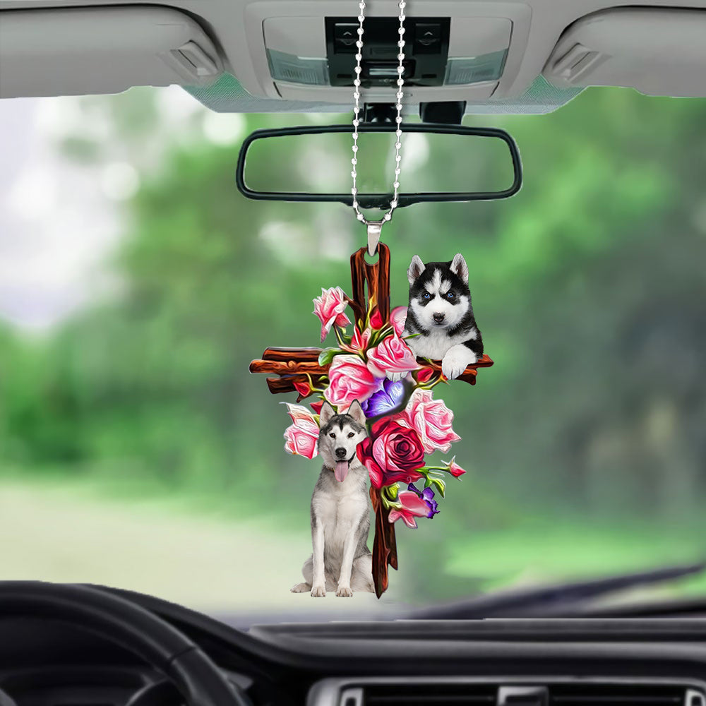 Husky Roses and Jesus Ornament - Dog Car Hanging Ornament - Gift For Dog Mom, Dog Lover, Dog Owner