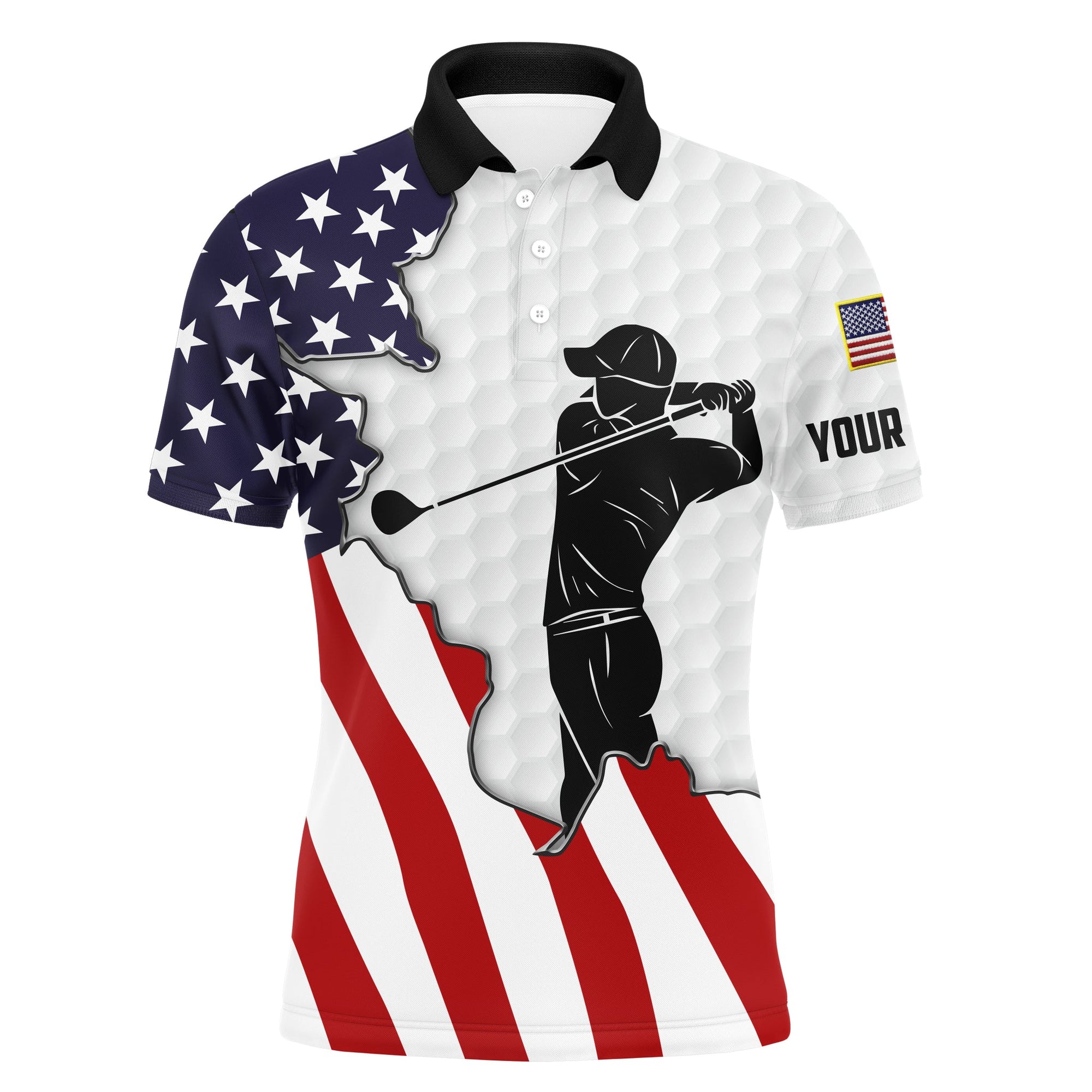 Golf Custom Name Men Polo Shirt - American Flag Patriotic White Apparel - Personalized Best Gift For Golf Lover, Team, Golfer, 4th July