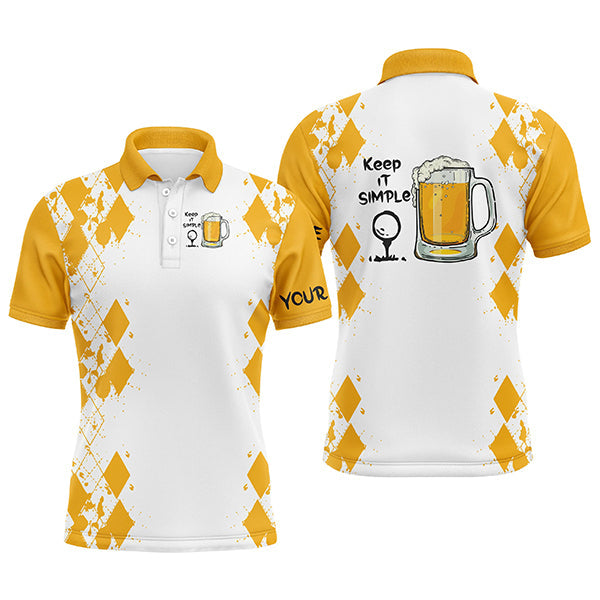 Beer & Golf Men Polo Shirt - Custom Name White Yellow Argyle Pattern Apparel - Personalized Gift For Golf Lover, Male, Husband, Team - Keep It Simple