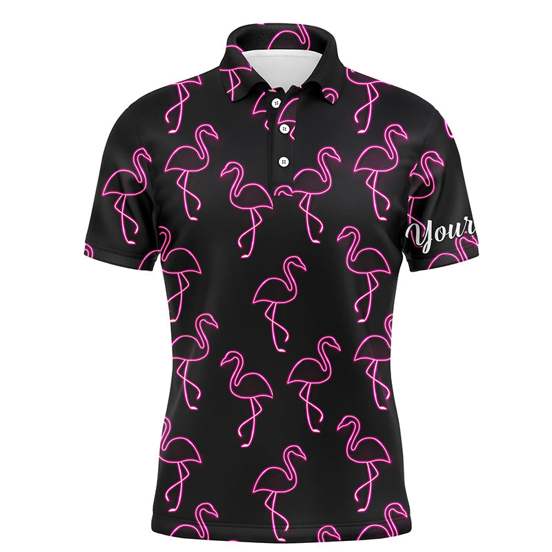 Golf Men Polo Shirt - Custom Name Neon Pink Flamingos Pattern Apparel - Personalized Gift For Golf Lover, Team, Husband, Boyfriend, Men