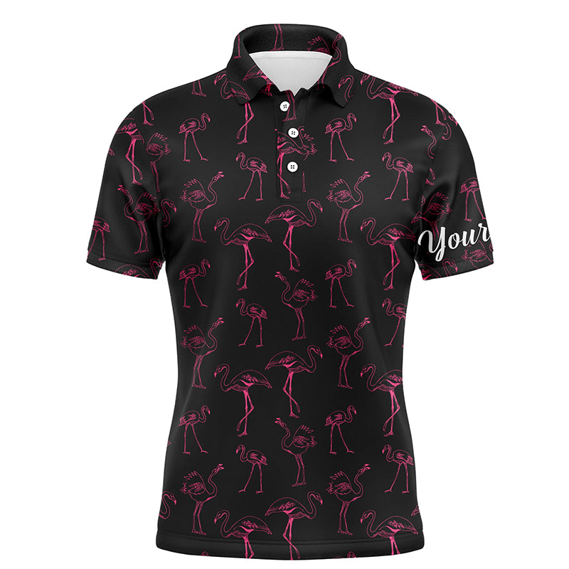 Golf Men Polo Shirt - Custom Name Neon Pink Flamingos Pattern Apparel - Personalized Gift For Golf Lover, Team, Husband, Boyfriend, Men