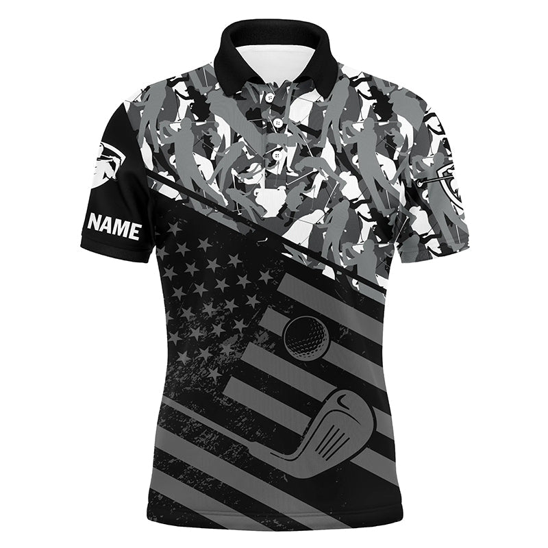 Golf Men Polo Shirt - Black American Flag Patriotic Camo Pattern Custom Name Apparel - Personalized Gift For Golf Lover, Team, 4th July, Patriotic