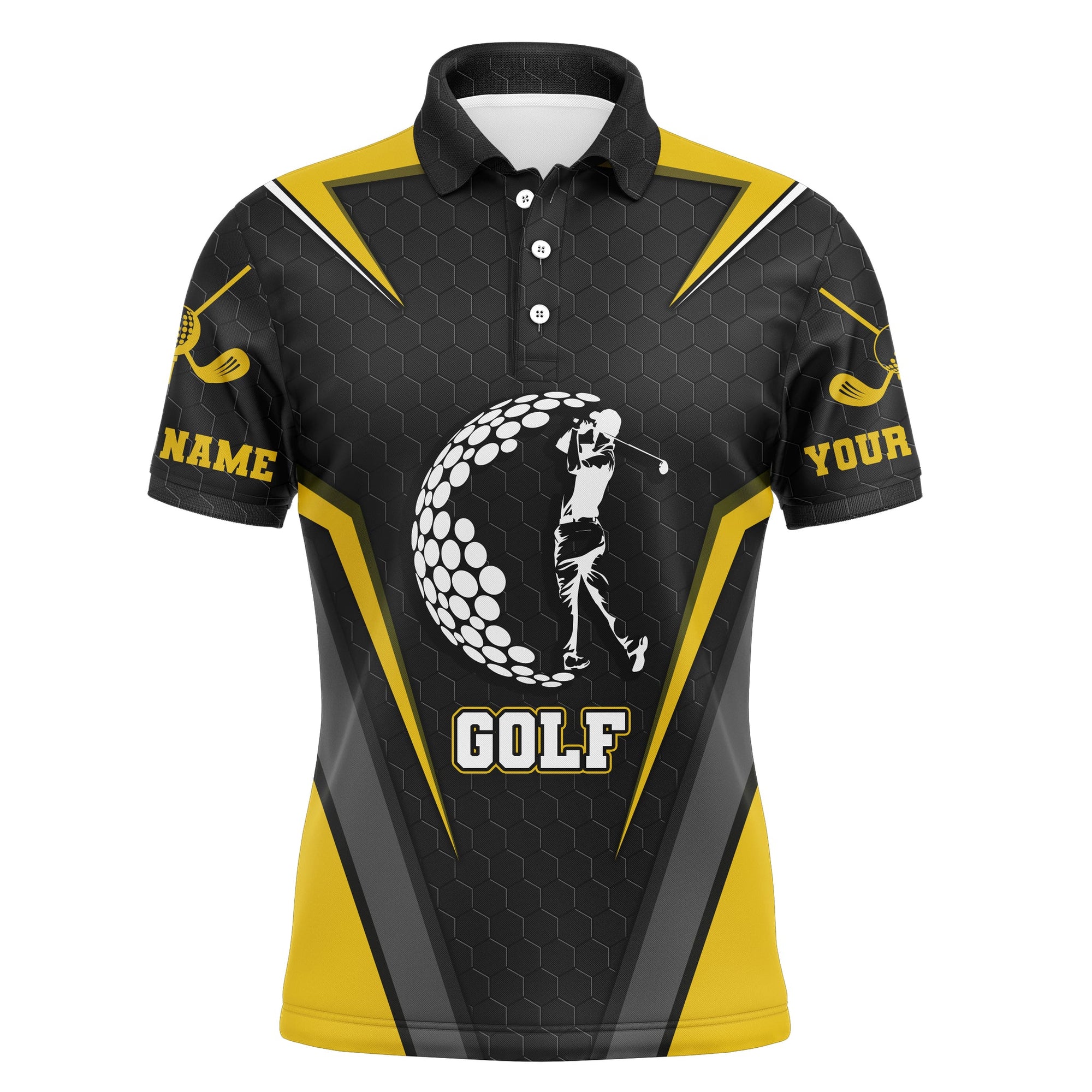 Golf Men Polo Shirt - Golfing Golf Ball Custom Name Black Yellow Apparel - Personalized Gift For Golf Lover, Team, Golfer, Best Golf Shirt For Men