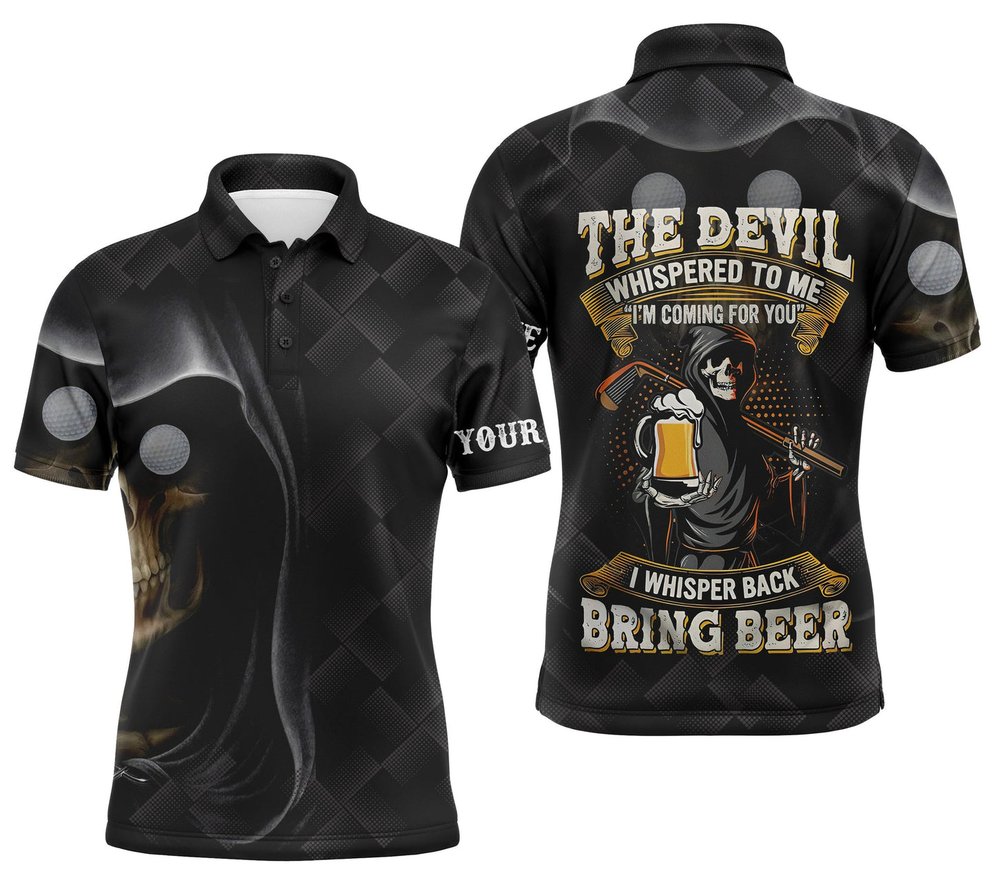 Beer And Golf Men Polo Shirt - Custom Name Black Skull Reaper Apparel - Personalized Gift For Golf Lover - The Devil Whispered To Me, Bring Beer