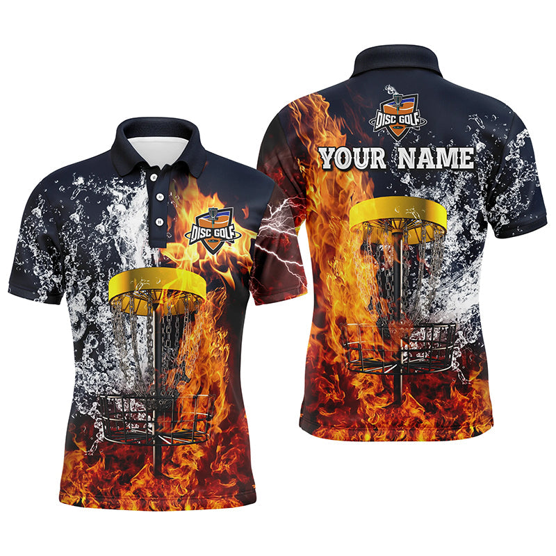 Disc Golf Men Polo Shirt - Custom Name Fire And Water Disc Golf Basket Apparel - Personalized Sports Gift For Disc Golf Lover, Male, Husband