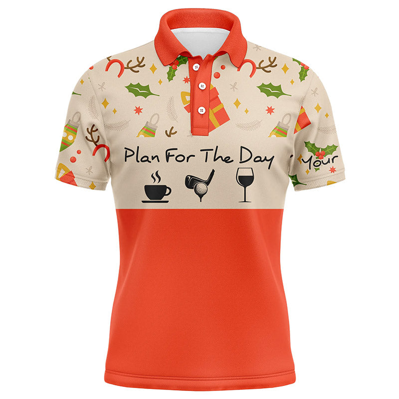 Drinks Golf Men Polo Shirt - Funny Christmas Pattern Custom Name Apparel - Personalized Gift For Golf Lover, Team - Plan For The Day Coffee Golf Wine
