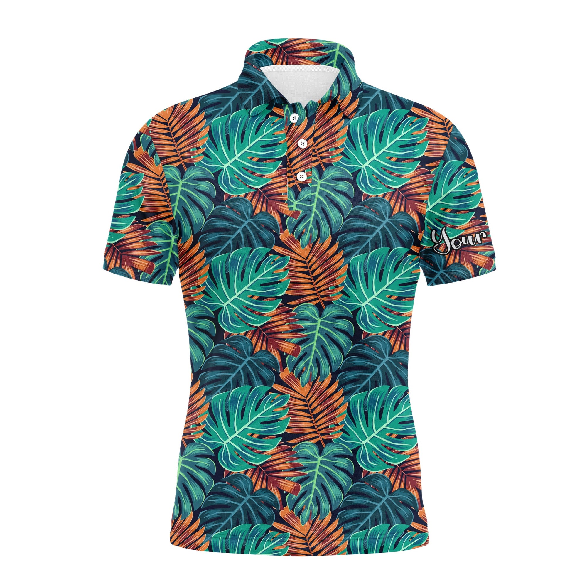 Monstera And Palm Leaves Nature Tropical Pattern Custom Name Golf Men Polo Shirt - Personalized Gift For Golf Lover, Team, Golfer
