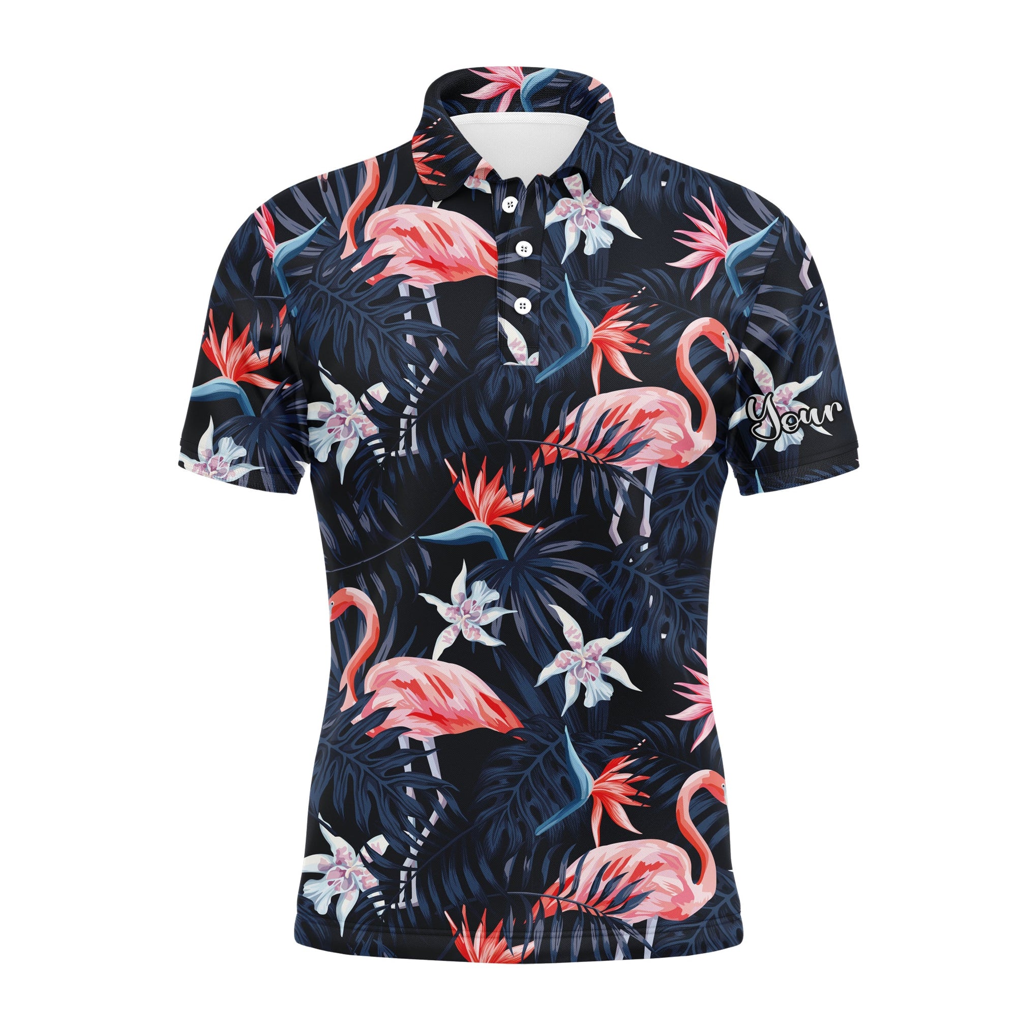 Flamingo Golf Men Polo Shirt - Tropical Birds Pink Flamingo Dark Blue Palm Leaves Custom Name Apparel - Personalized Gift For Golf Lover, Team, Golfer
