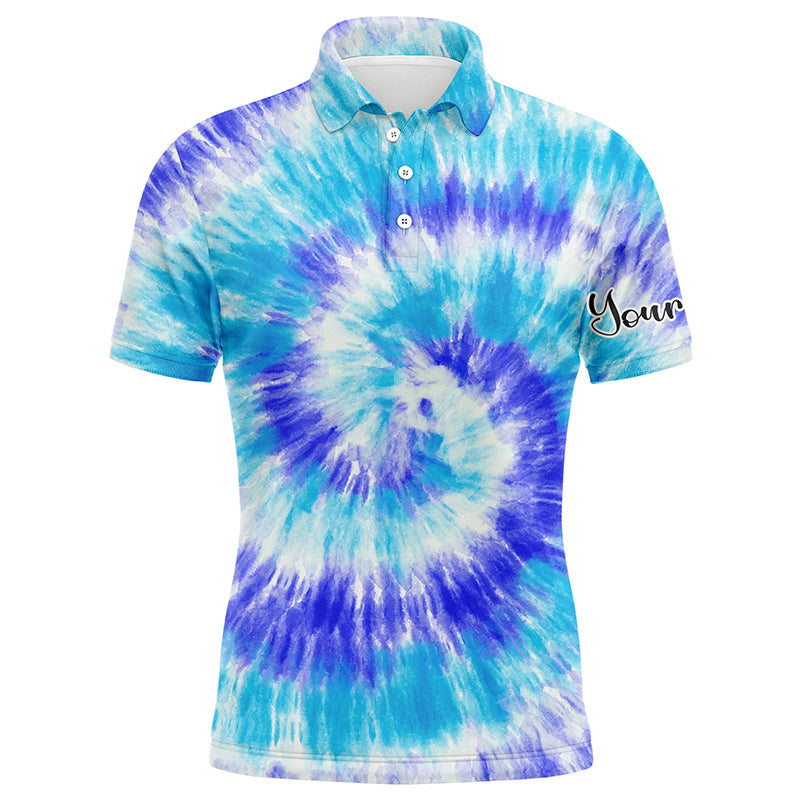 Blue Turquoise Tie Dye Background Custom Name Golf Men Polo Shirt - Personalized Gift For Golf Lover, Team, Golfer, Husband, Boyfriend