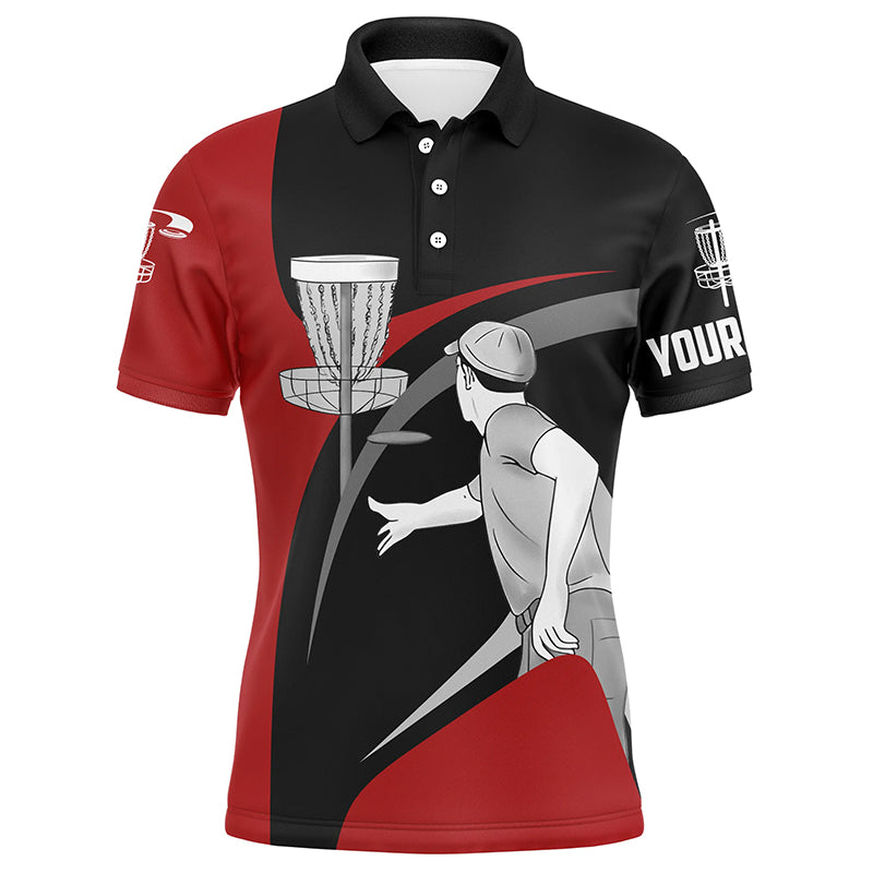 Disc Golf Men Polo Shirt - Custom Name Red And Black Disc Golf Apparel - Personalized Gift For Disc Golf Lover, Male, Husband, Team
