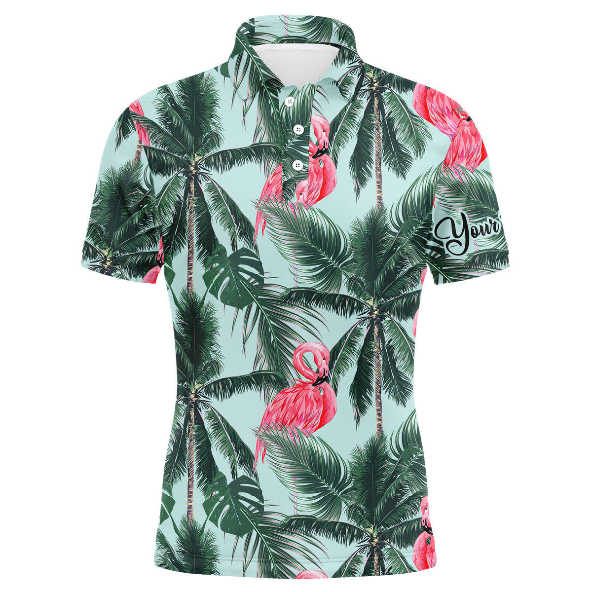 Flamingo Golf Men Polo Shirt - Pink Flamingo Tropical Palm Leaves Custom Name Apparel - Personalized Gift For Golf Lover, Team, Golfer