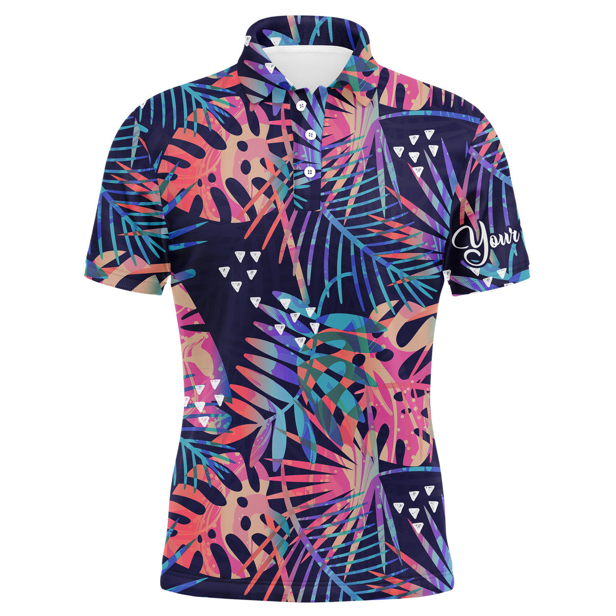 Colorful Tropical Plants And Palm Leaves Custom Name Golf Men Polo Shirt - Personalized Gift For Golf Lover, Team, Golfer