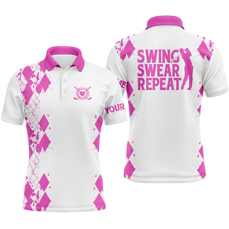 Golf Men Polo Shirt - Argyle Pattern Custom Name Multicolor Apparel - Personalized Gift For Golf Lover, Team, Golfer, Husband - Swing Swear Repeat