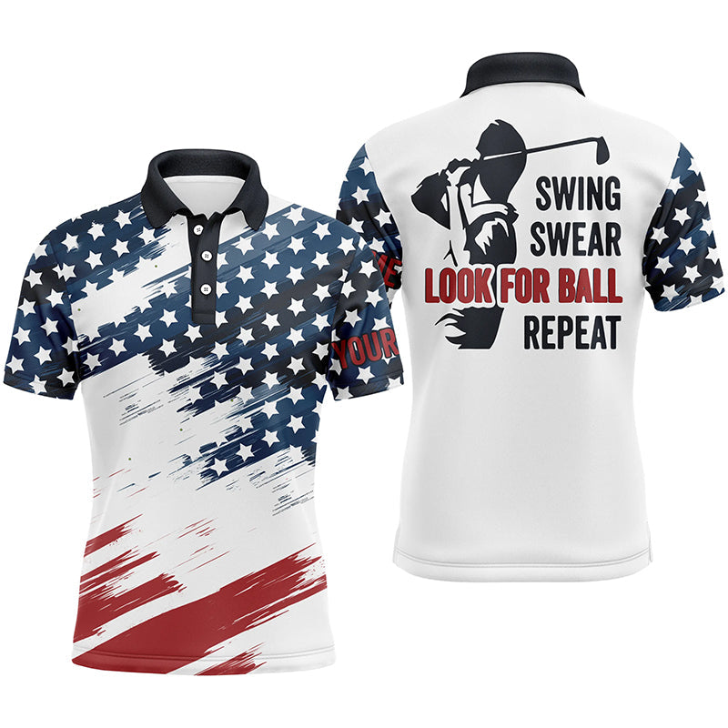 Golf Men Polo Shirt - Custom Name American Flag Apparel - Personalized Gift For Golf Lover, Team, Golfer, Patriotic - Swing Swear Look For Ball Repeat