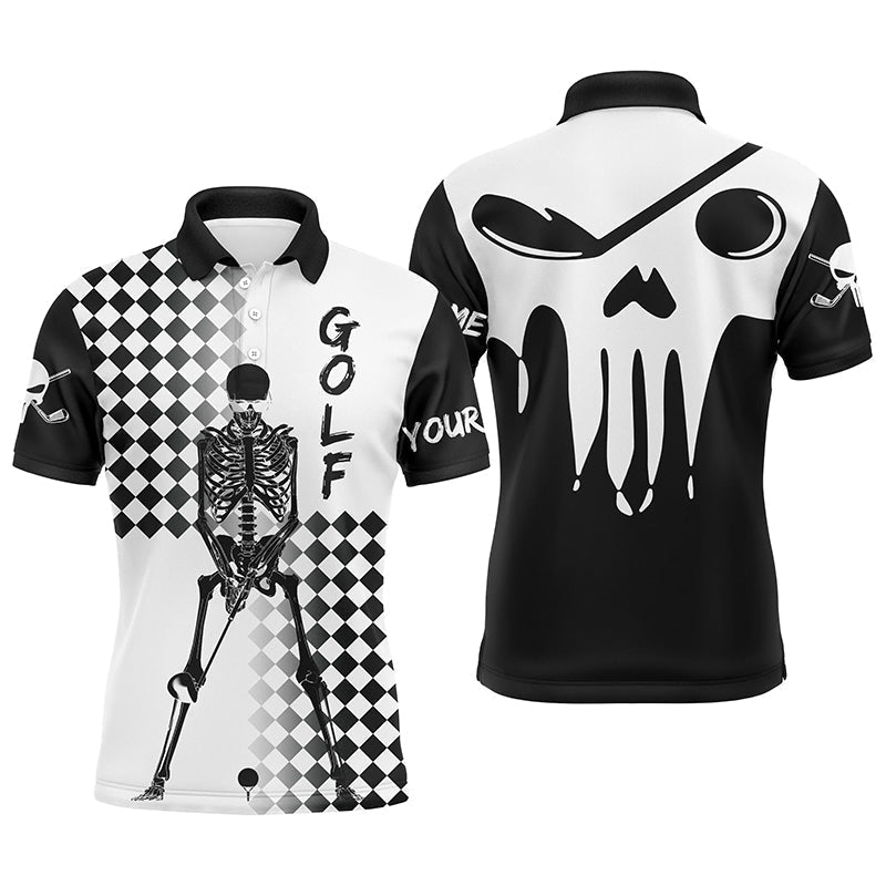 Golf Men Polo Shirt - Custom Name Black And White Skull Apparel - Personalized Gift For Golf Lover, Men, Team, Husband, Boyfriend