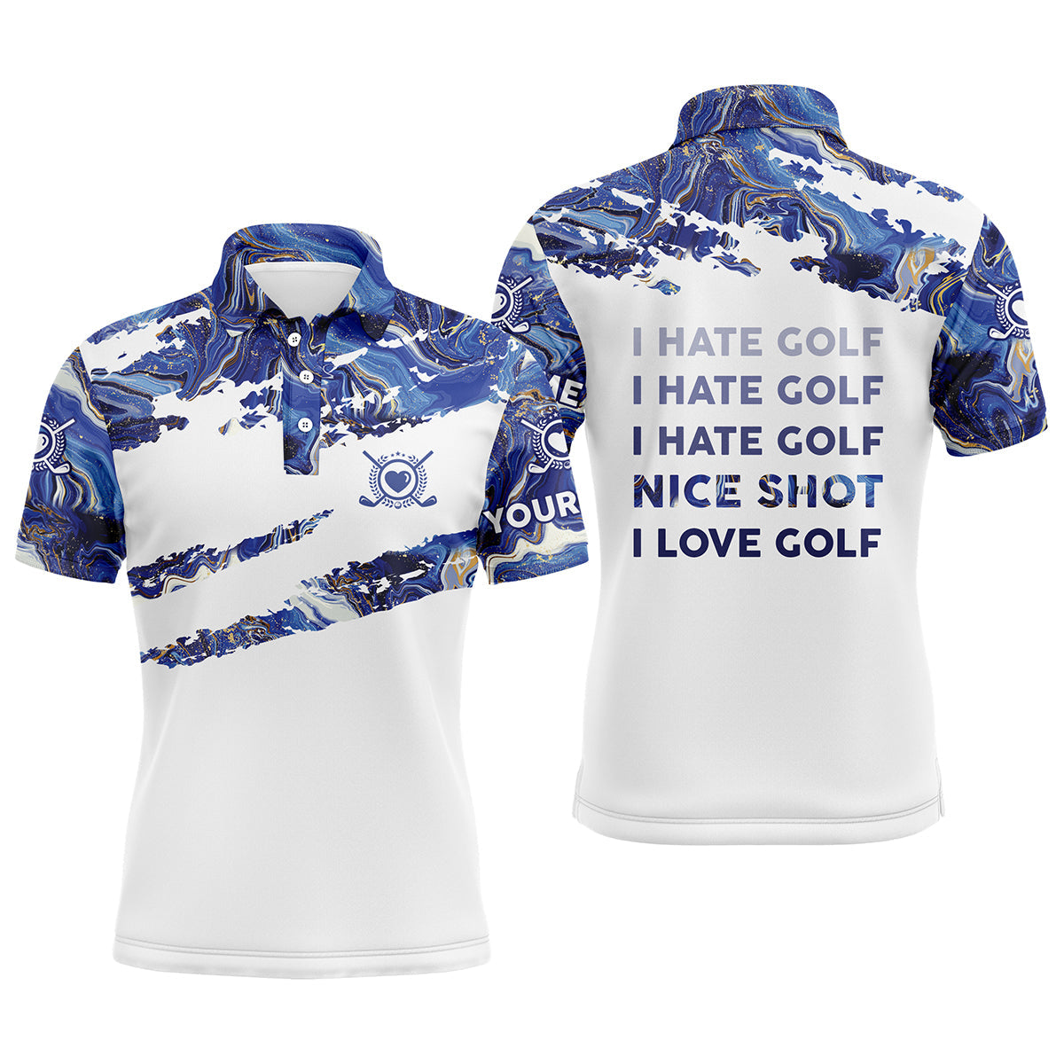 Golf Men Polo Shirt - Funny Custom Name Blue Pattern Apparel - Personalized Gift For Golf Lover, Team, Golfer - I Hate Golf Nice Shot I Love Golf