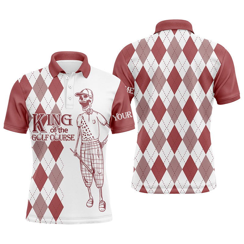 Golf Men Polo Shirt - Red And White Plaid Pattern Skull Custom Name Apparel - Personalized Gift For Golf Lover, Team - King Of The Golf Course