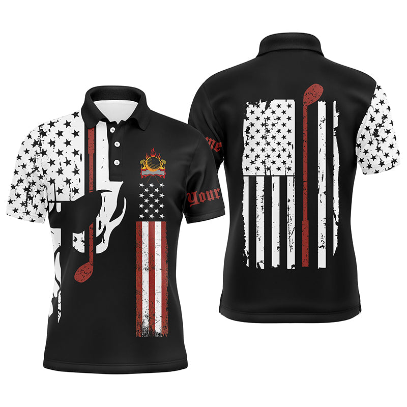 Golf Men Polo Shirt - Custom Name American Flag Skull Apparel - Personalized Gift For Golf Lover, Team, Husband, Boyfriend, Patriotic, 4th July