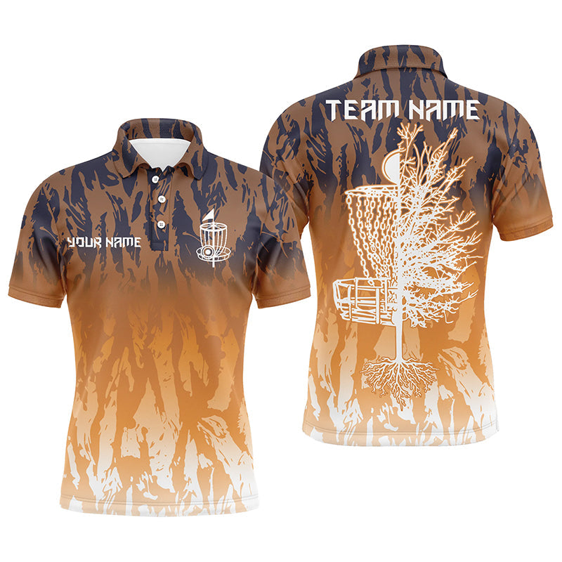 Disc Golf Men Polo Shirt - Custom Name Orange Camo Disc Golf Basket Apparel - Personalized Gift For Disc Golf Lover, Male, Husband, Team