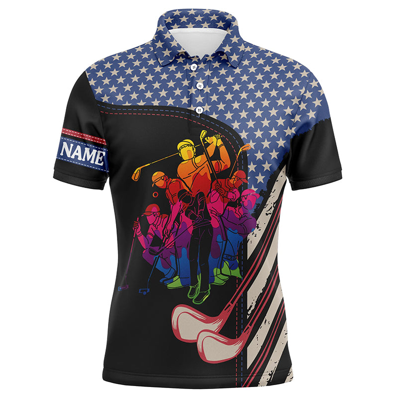 Golf Men Polo Shirt - American Flag Golf Clubs Custom Name Apparel - Personalized Gift For Golf Lover, Team, 4th July, Patriotic, Independence Day