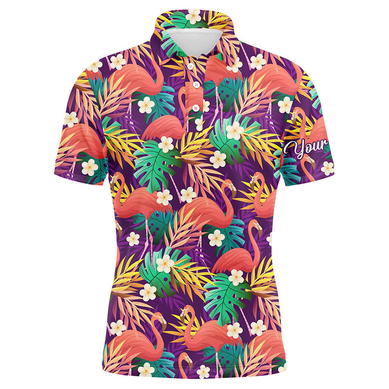 Golf Men Polo Shirt - Custom Name Colorful Flamingo Pattern Tropical Leaves Apparel - Personalized Gift For Golf Lover, Team, Husband, Boyfriend