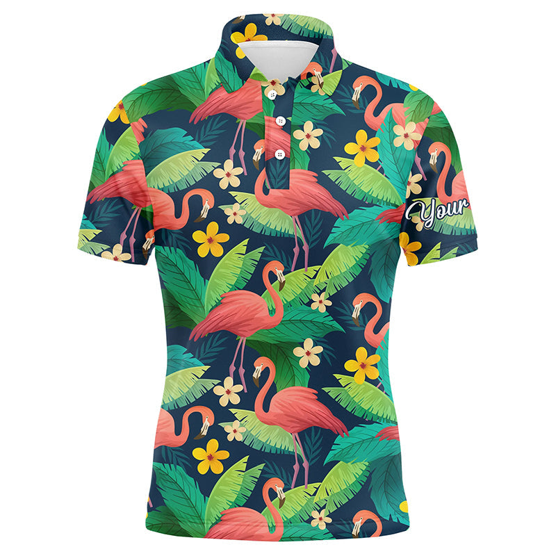 Golf Men Polo Shirt - Custom Name Colorful Flamingo Pattern Green Tropical Leaves Apparel - Personalized Gift For Golf Lover, Team, Husband, Boyfriend