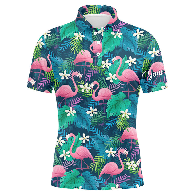 Golf Men Polo Shirt - Custom Name Colorful Flamingo Green Tropical Leaf Pattern Apparel - Personalized Gift For Golf Lover, Team, Husband, Boyfriend