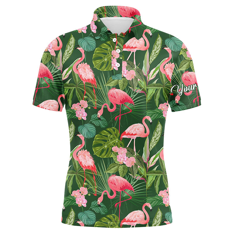 Golf Men Polo Shirt - Custom Name Flamingo Green Tropical Palm Leaves Pattern Apparel - Personalized Gift For Golf Lover, Team, Husband, Boyfriend