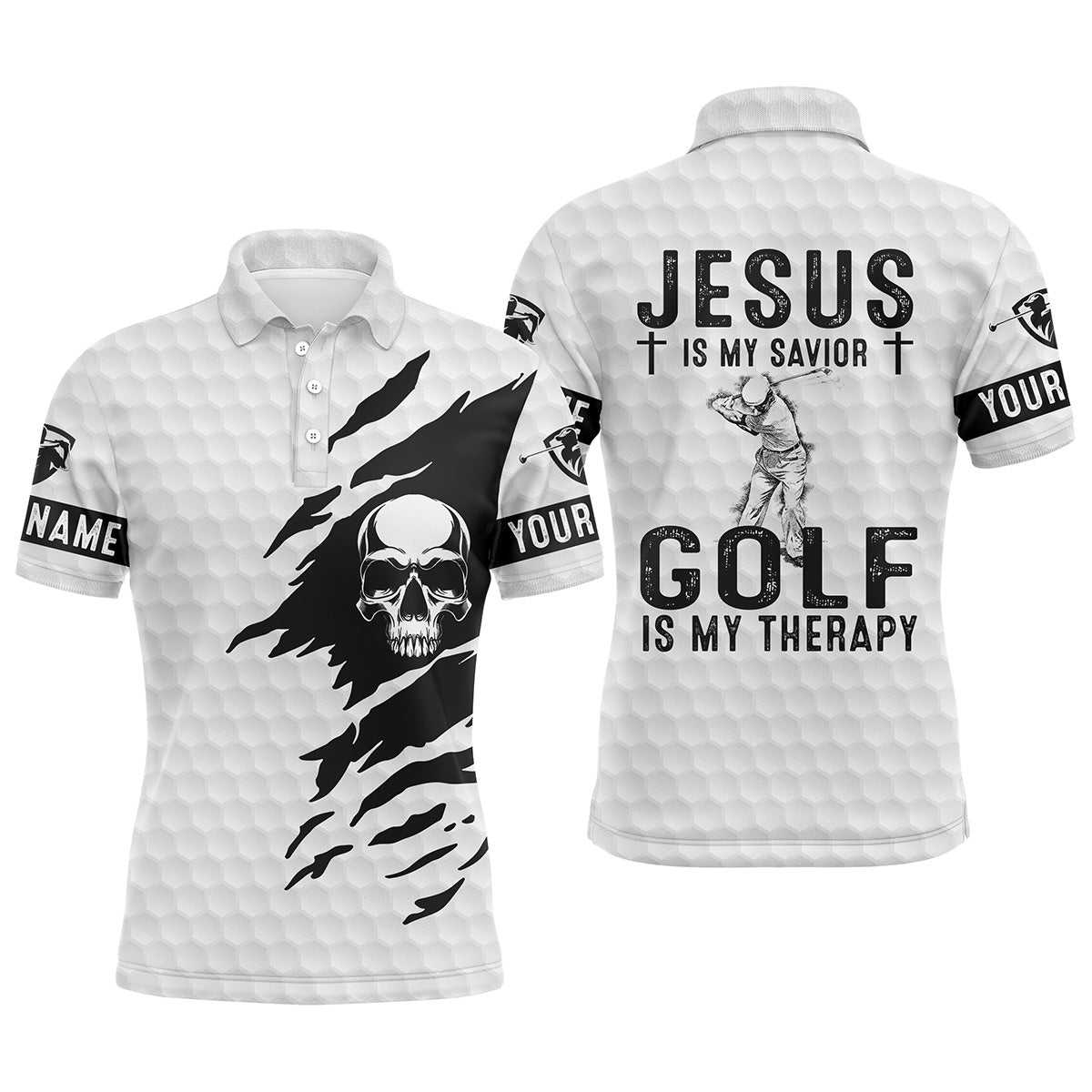 Golf Men Polo Shirt - Custom Name White Skull Apparel - Personalized Gift For Golf Lover, Men, Husband, Team - Jesus Is My Savior, Golf Is My Therapy
