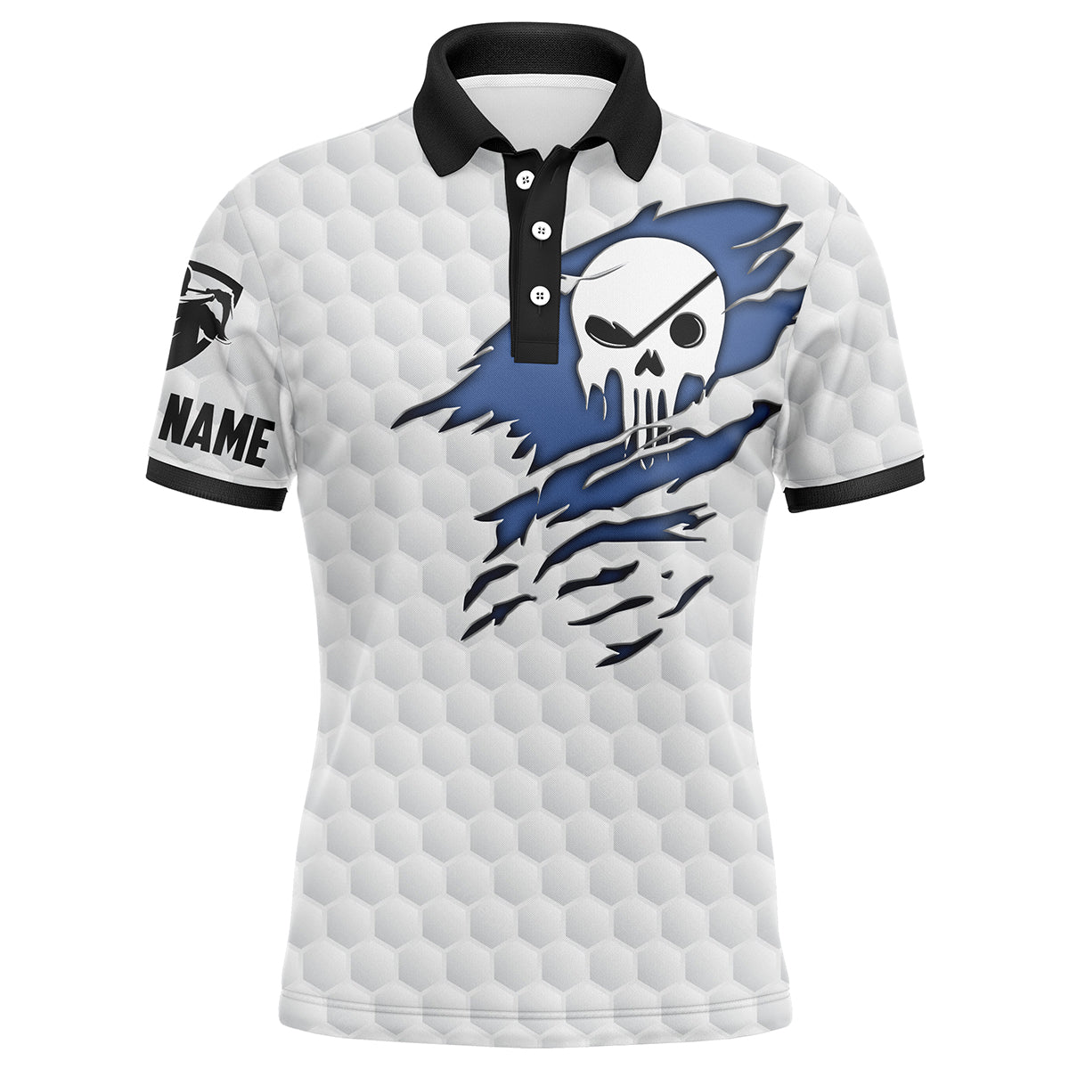 Golf Men Polo Shirt - Golf Club Skull Custom Name White Apparel - Personalized Gift For Golf Lover, Men, Dad, Husband, Boyfriend, Team