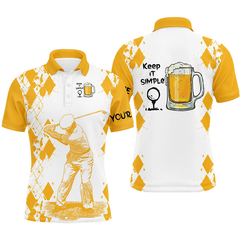 Beer Golf Men Polo Shirt - White Yellow Custom Name Apparel - Personalized Gift For Golf Lover, Men, Dad, Team, Husband, Boyfriend - Keep It Simple