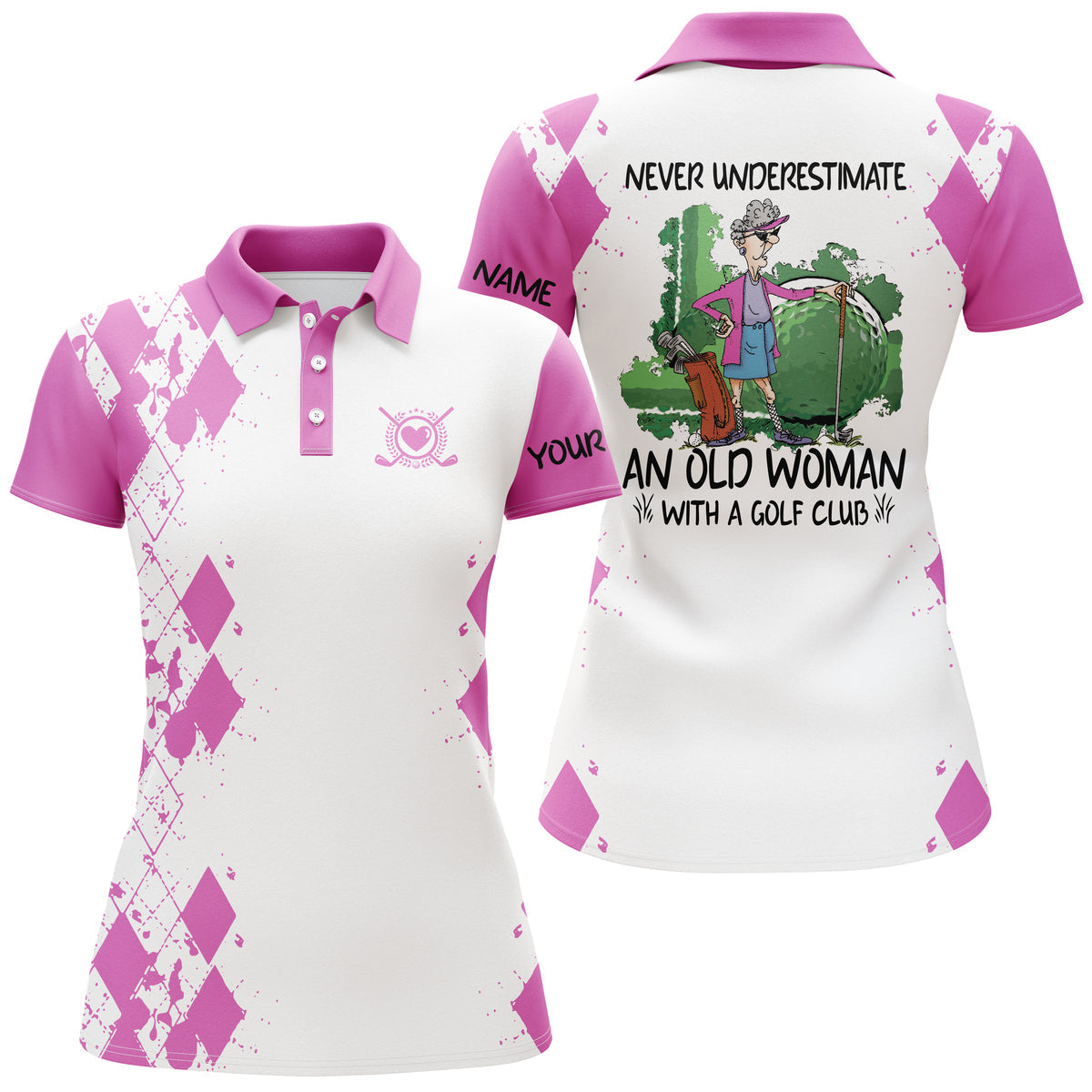 Custom Name 3d Women Golf Polo Shirts Multi color Never Underestimate An Old Woman With A Golf Club