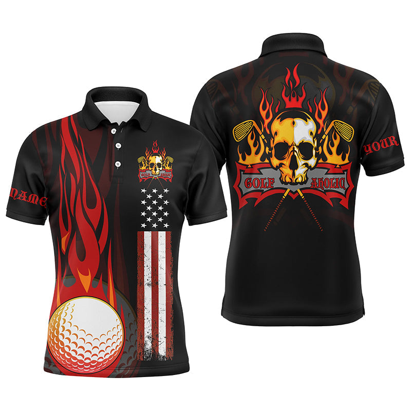 Golf Men Polo Shirt - Flame Skull Golf Ball American Flag Custom Name Apparel - Personalized Gift For Golf Lover, Team, Husband, Men, Patriotic