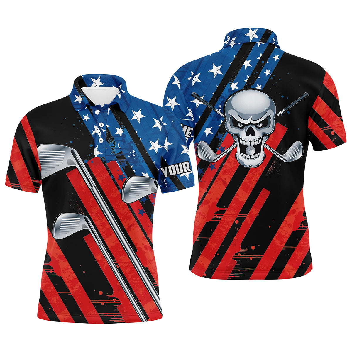 Golf Men Polo Shirt - American Flag 4th July Skull Golf Clubs Custom Name Apparel - Personalized Gift For Golf Lover, Men, Patriot, Independence Day