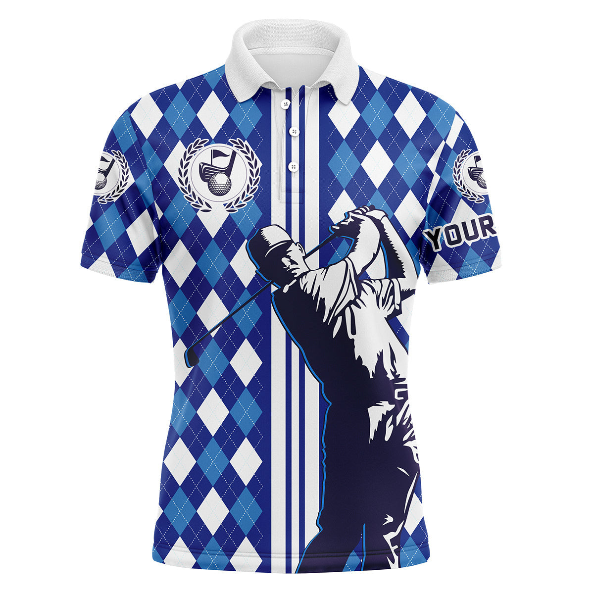 Golf Custom Name Men Polo Shirt - Blue Argyle Pattern Men Golfing Apparel - Personalized Best Gift For Golf Lover, Team, Golfer