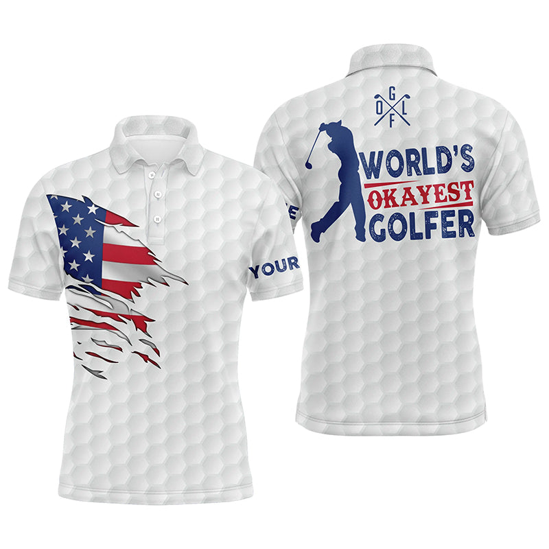 Golf Men Polo Shirt - Custom Name White American Flag Apparel - Personalized Gift For Golf Lover, Male, Husband, Team Golf - World's Okayest Golfer