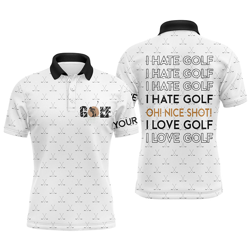 Golf Men Polo Shirt - Golf Clubs Pattern Custom Name Apparel - Personalized Gift For Golf Lover, Team - I Hate Golf Nice Shot I Love Golf
