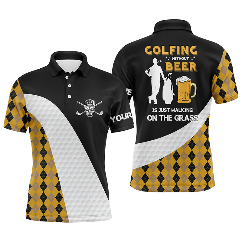 Golf Men Polo Shirt - Argyle Pattern Custom Name Apparel - Personalized Gift For Golf Lover, Team - Golfing Without Beer Is Just Walking On The Grass