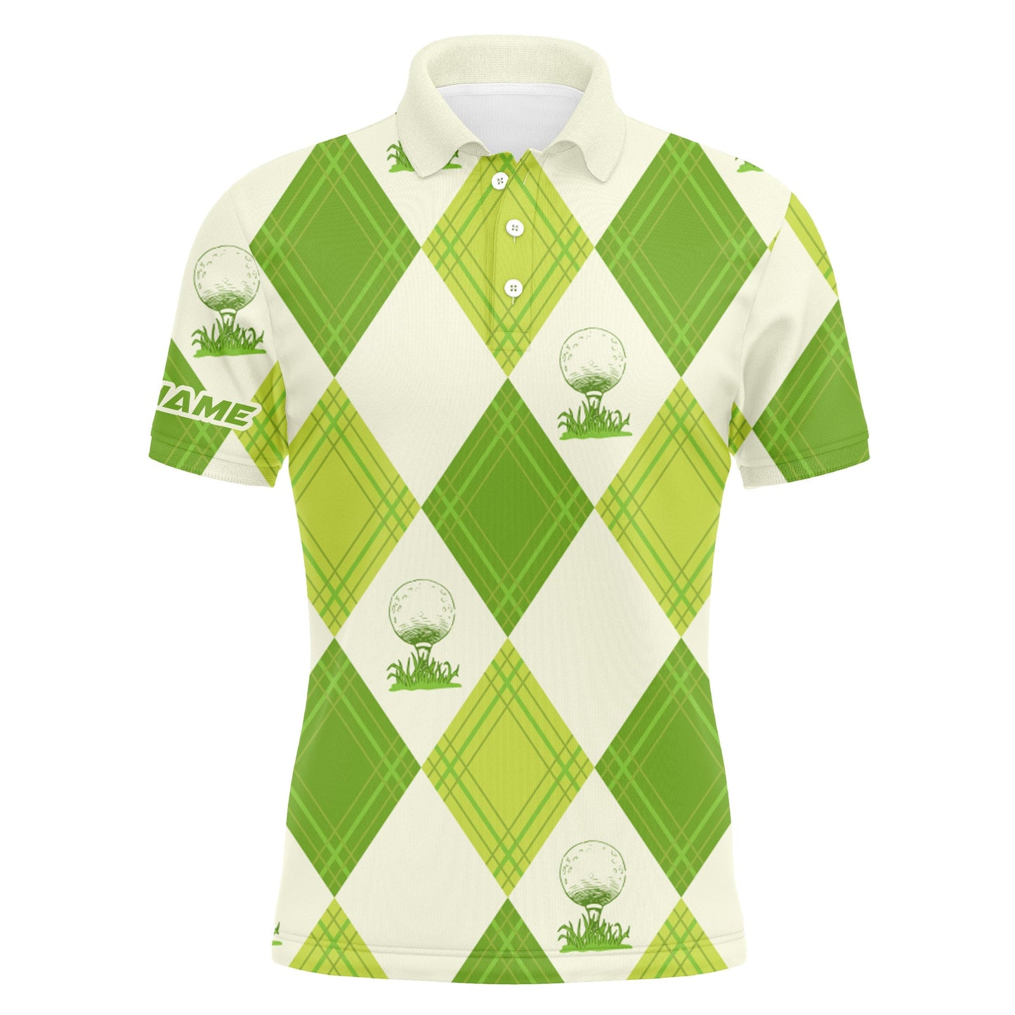 Golf Men Polo Shirt - Custom Name Green Argyle Pattern Apparel - Personalized Gift For Golf Lover, Male, Husband, Team Golf, Boyfriend, Golf Up