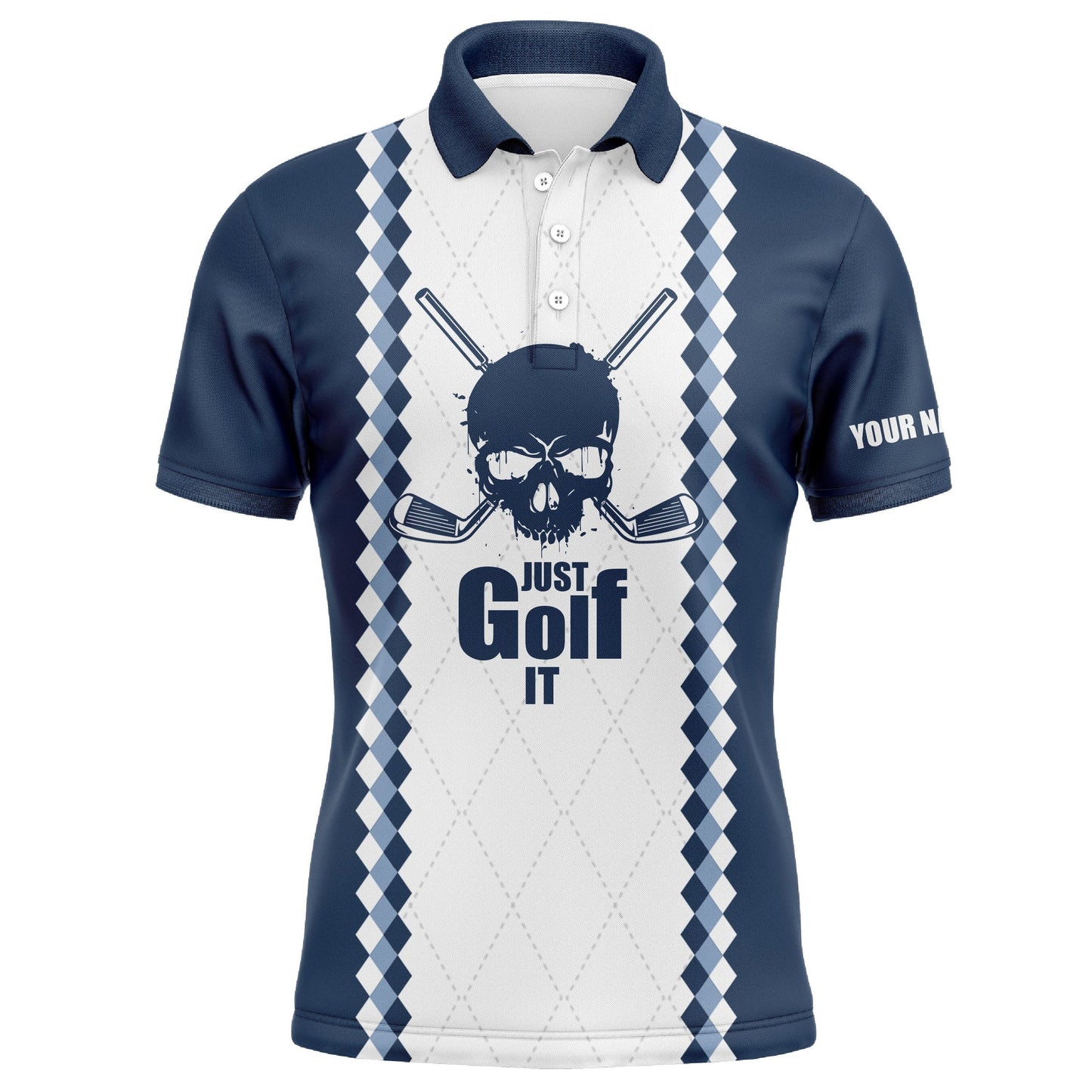 Golf Men Polo Shirt - Blue And White Golf Skull Custom Name Apparel - Personalized Gift For Golf Lover, Team, Golfer - Just Golf It
