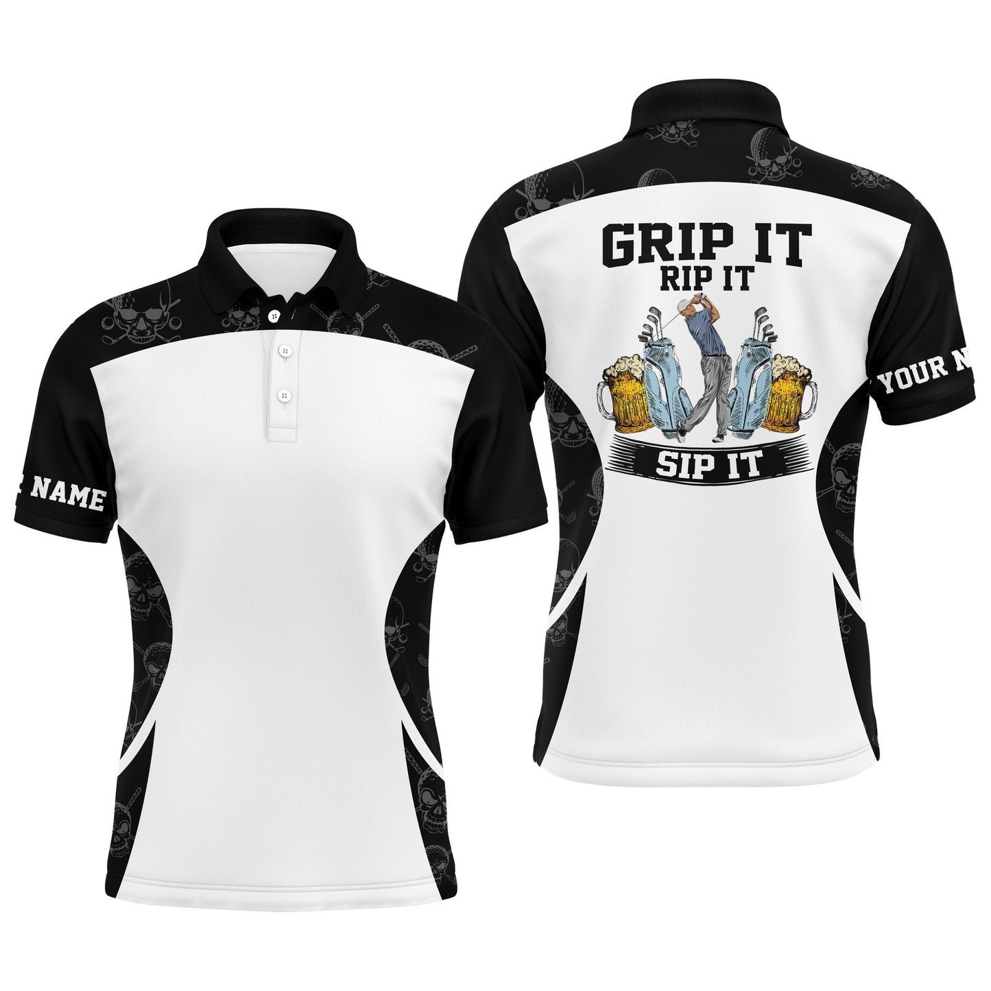Beer Golf Men Polo Shirt - Funny Skull Pattern Custom Name Black White Apparel - Personalized Gift For Golf Lover, Team, Golfer -Grip It Rip It Sip It