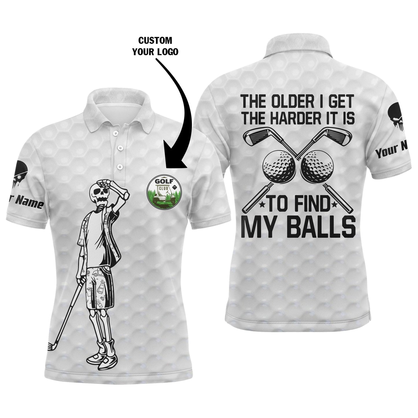 Golf Men Polo Shirt - Custom Name And Logo Team Skull Apparel - Personalized Gift For Golf Lover, Men - The Older I Get The Harder To Find Balls