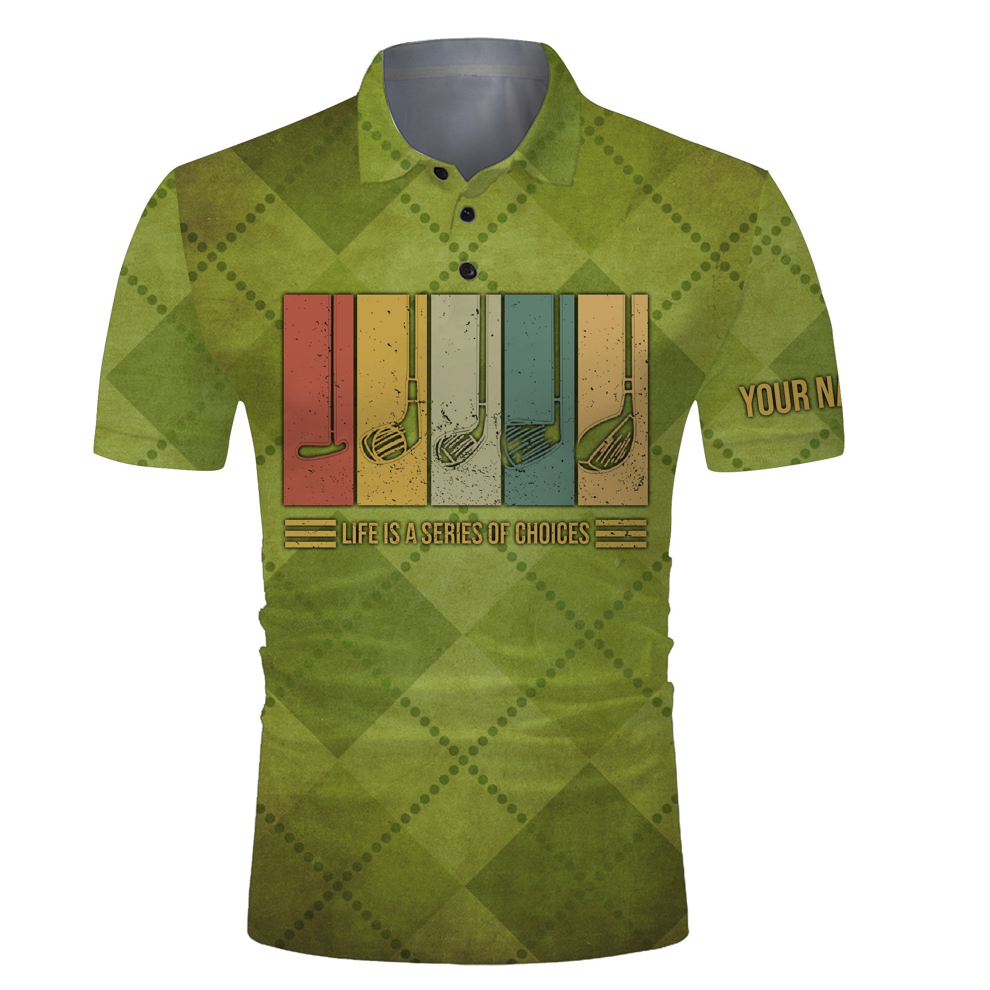 Golf Custom Name Men Polo Shirt - Funny Green Argyle Pattern Apparel - Personalized Gift For Golf Lover, Team, Golfer - Life Is A Series Of Choices